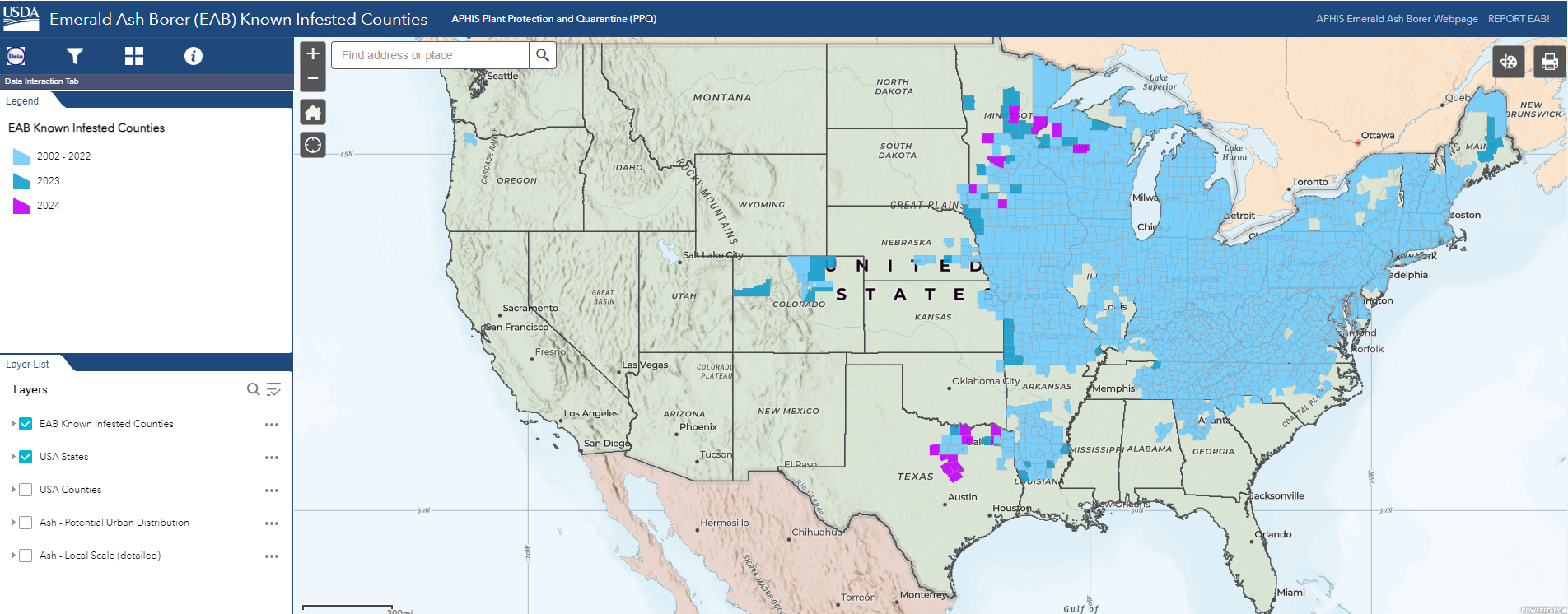 USDA Map of Emerald ash borer spread in US- emerald ash borer invasive species - Stein Tree Service
